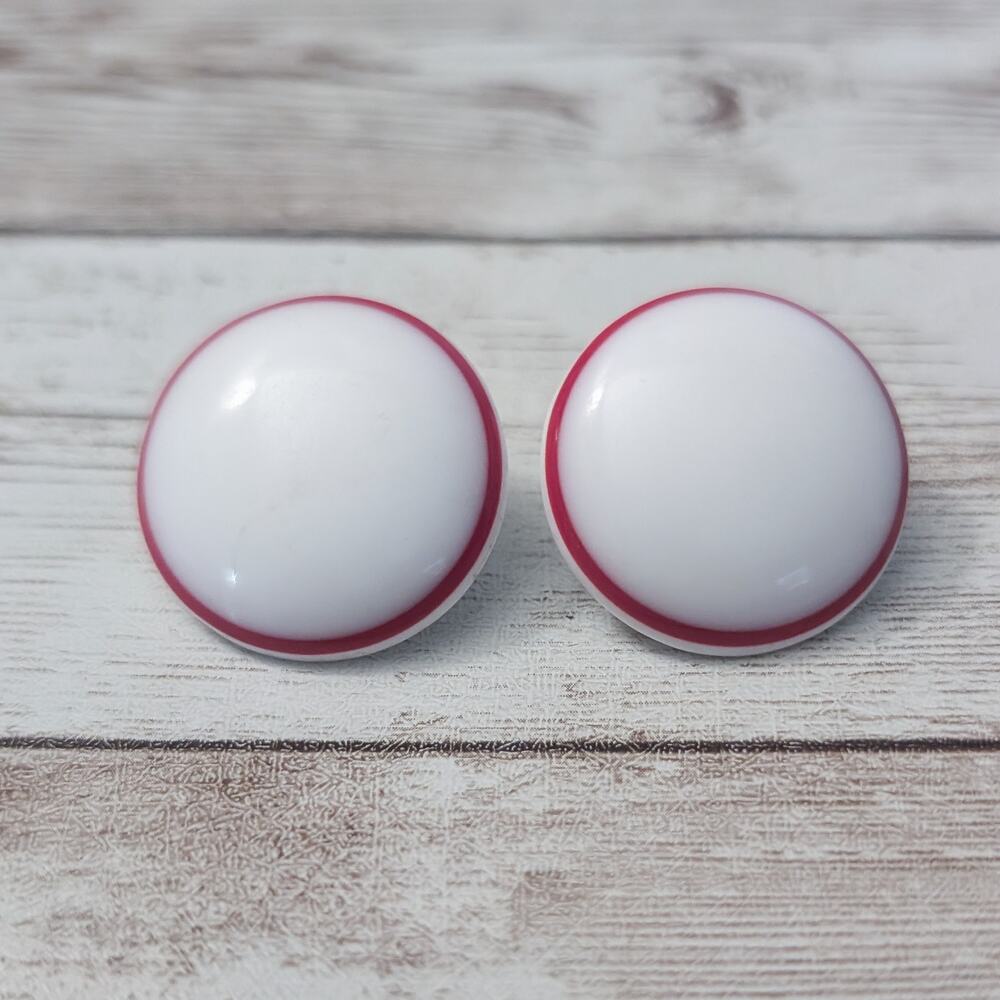 Vintage Stud Earrings For Pierced Ears Slightly Domed White with Red